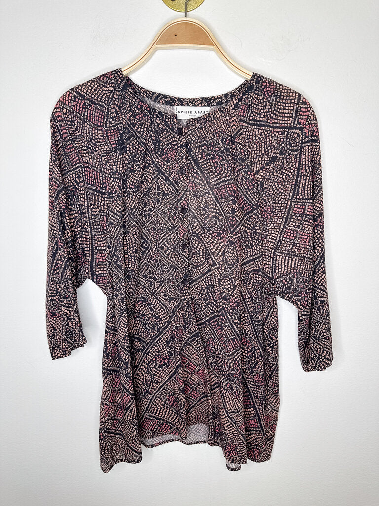 Square Print Half Button Dolman Sleeve Blouse