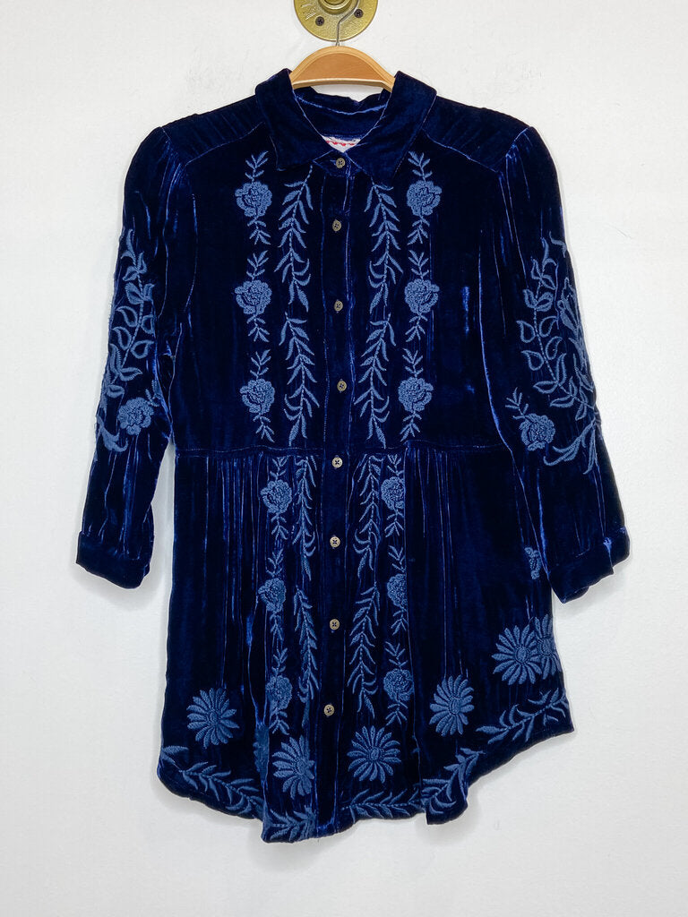 Velvet Floral Embroidered Button Front Blouse