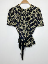 Load image into Gallery viewer, Silk Flower Print High Neck Short Sleeve Blouse with Waist Tie
