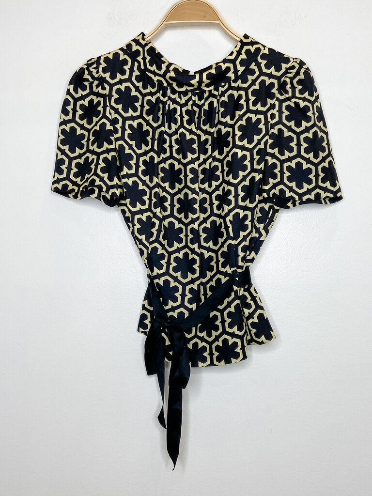 Silk Flower Print High Neck Short Sleeve Blouse with Waist Tie