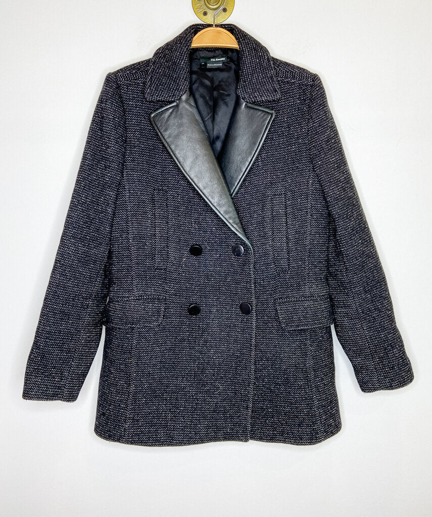 Wool Blend Double Breasted Jacket with Leather Lapels