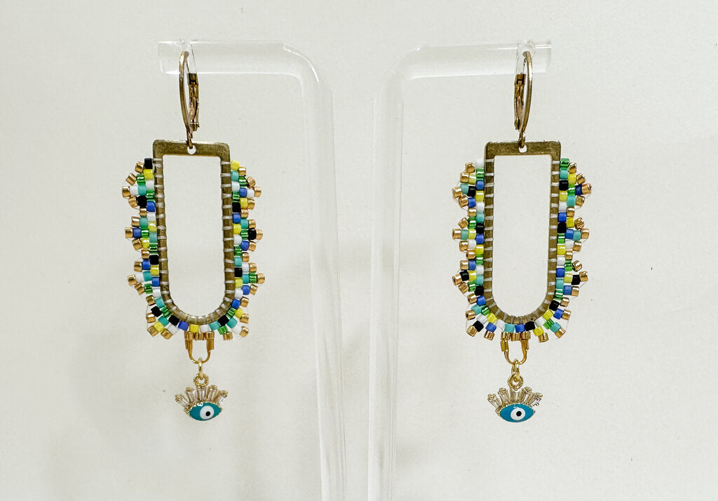 Evil Eye Fringe Loop Beaded Earrings