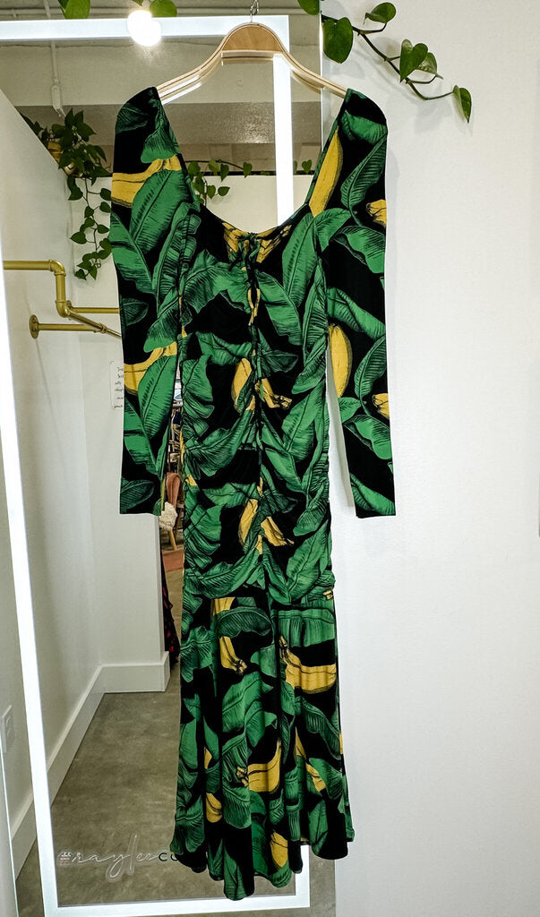 Banana Print Long Sleeve Ruched Midi Dress (NWT, orig. $445)