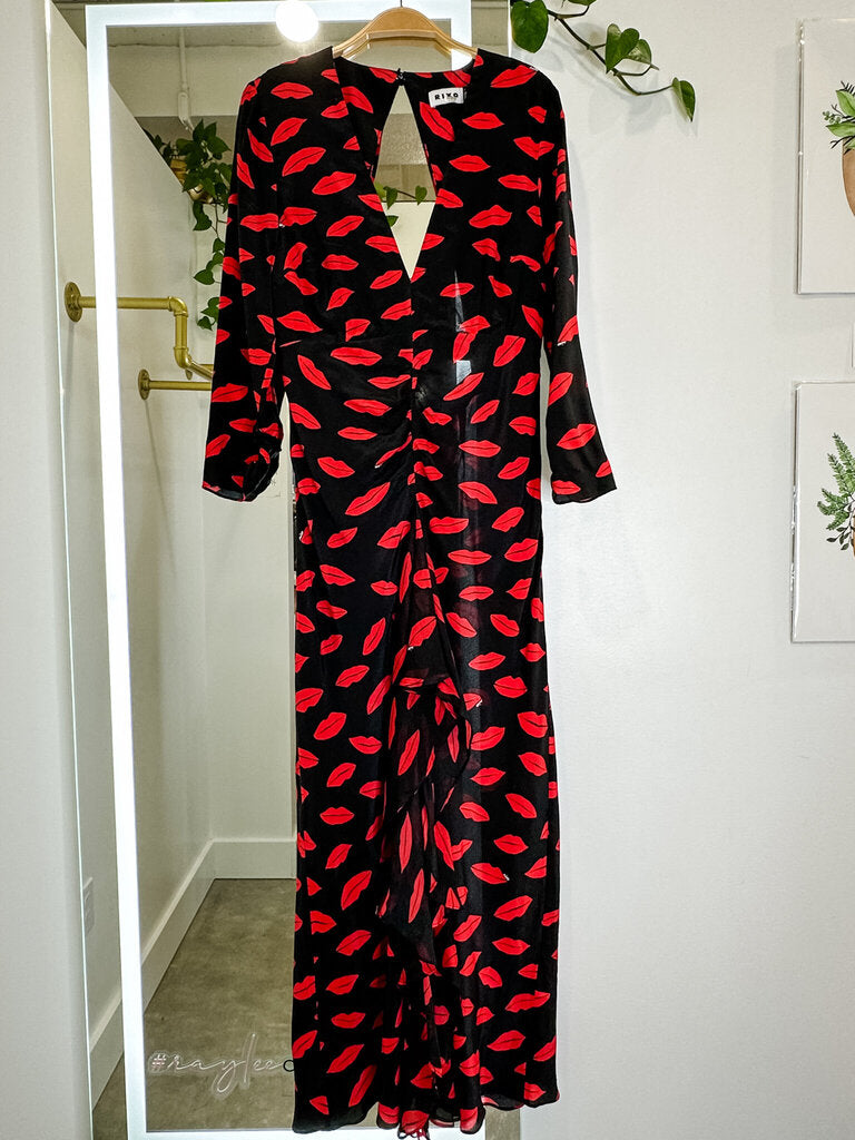 Lip Print Long Sleeve Ruffle Front Midi Dress with Open Back (orig. ~$450)