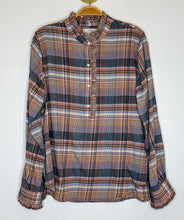 Load image into Gallery viewer, Plaid Flannel Half Button Shirt with Ruffle Trim
