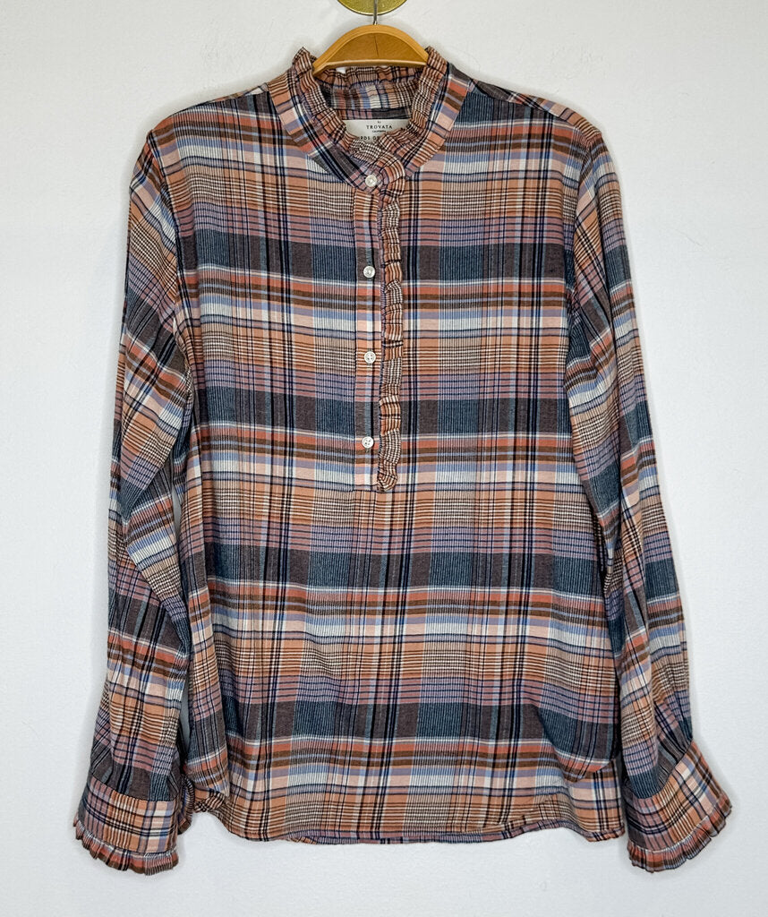 Plaid Flannel Half Button Shirt with Ruffle Trim