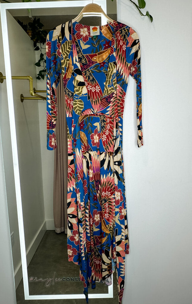 Flower/Bird Print Long Sleeve Wrap Midi Dress