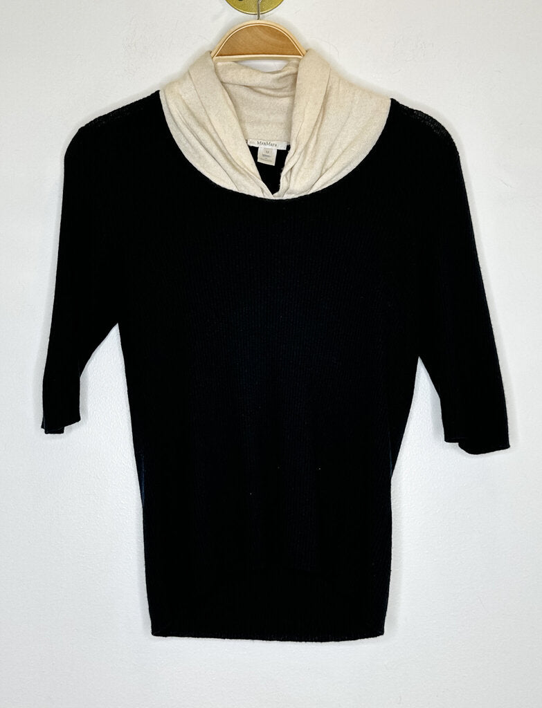 Cashmere Ribbed Short Sleeve Sweater with Shawl Collar