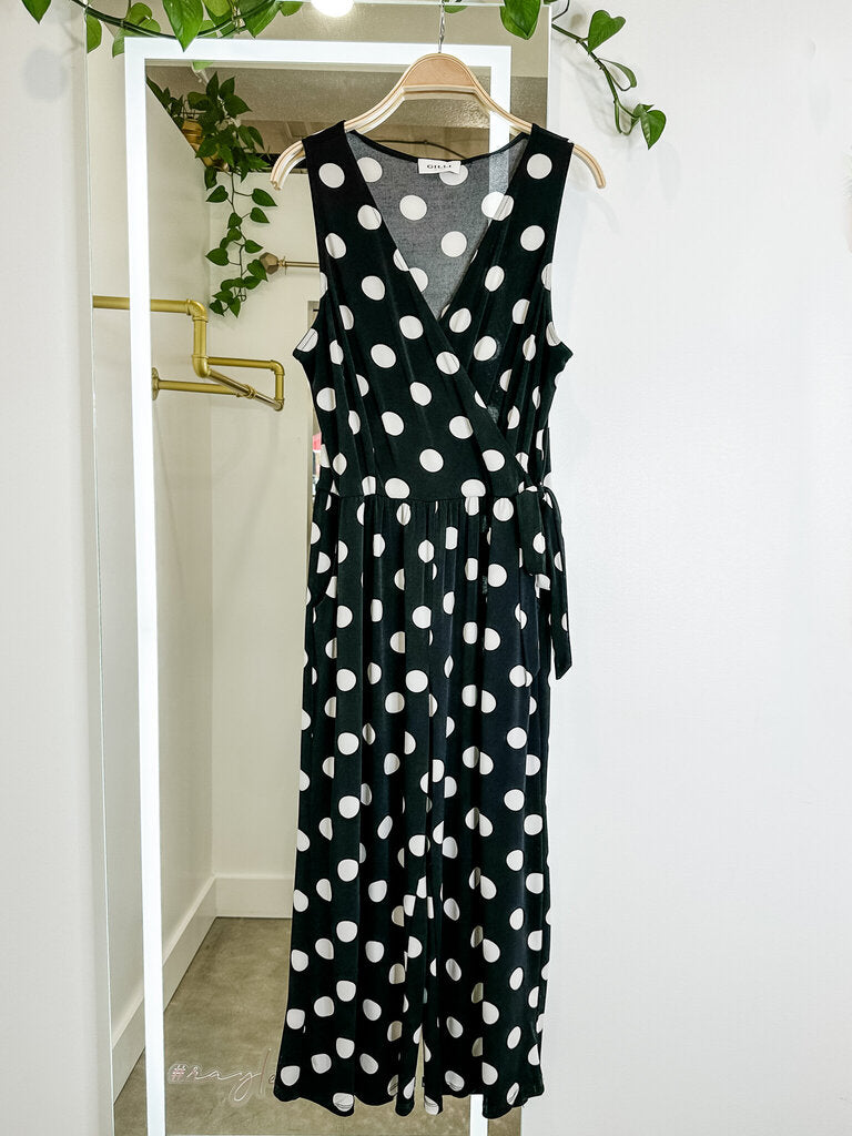 Polka Dot Surplice Top Wide Leg Sleeveless Jumpsuit