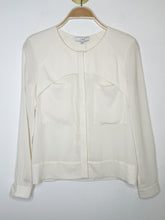 Load image into Gallery viewer, Collarless Button Front Blouse with Structural Details + Pockets
