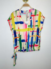 Load image into Gallery viewer, Silky Watercolor Print V-Neck Short Sleeve Blouse with Ribbon Tie Bottom (NWT, orig. $197)
