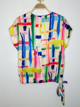 Load image into Gallery viewer, Silky Watercolor Print V-Neck Short Sleeve Blouse with Ribbon Tie Bottom (NWT, orig. $197)
