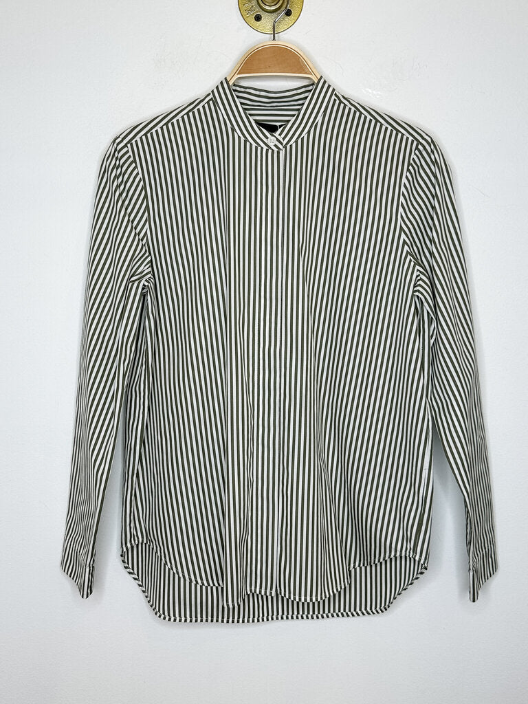 Cotton Striped Collarless Long Sleeve Button Up Shirt
