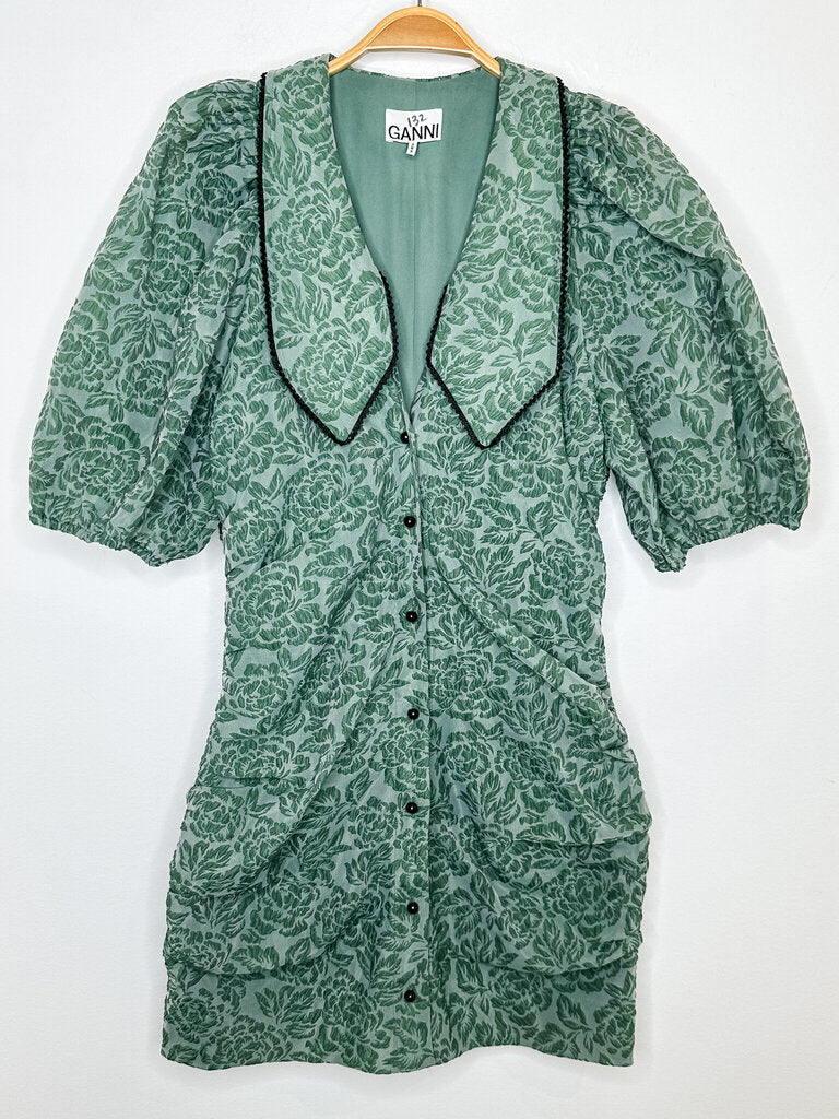 Jacquard Organza Floral Mini Dress with Oversized Collar