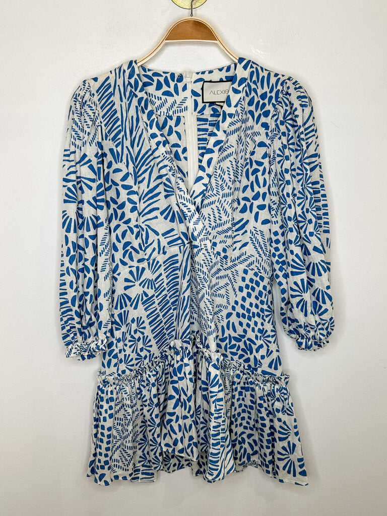 Linen Abstract Print Puff Sleeve V-Neck Short Dress (orig. ~$620)
