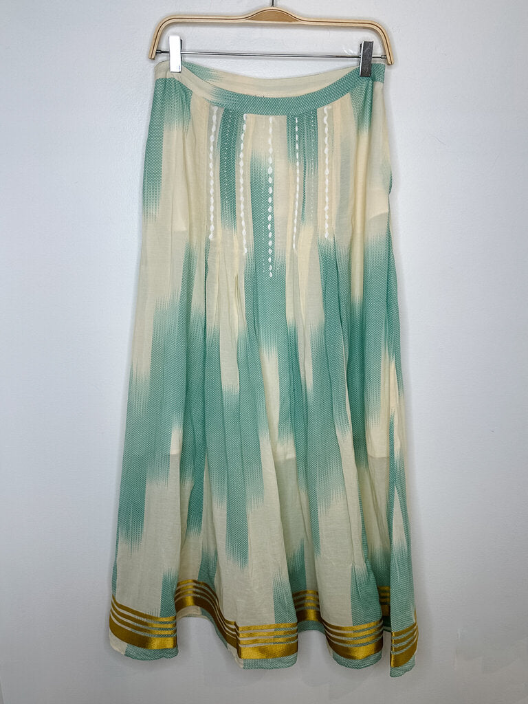 Paint Stroke Print Maxi Skirt with Embroidery and Metallic Trim