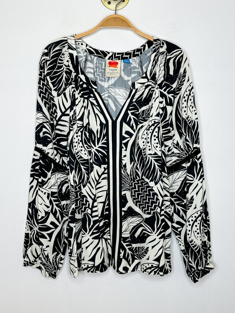 Tropical Print Long Sleeve V-Neck Top