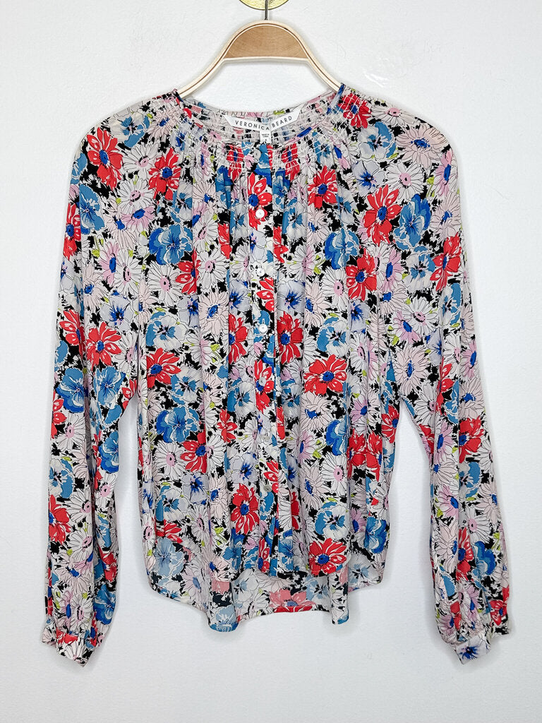 Floral Silk Collarless Balloon Sleeve Button Up Shirt