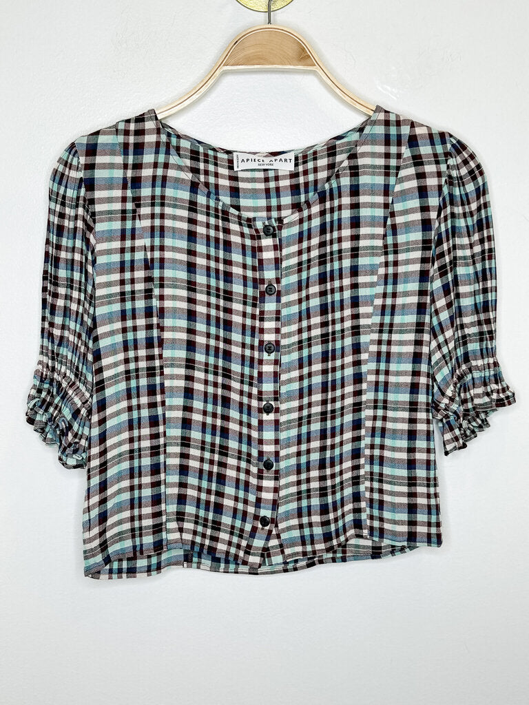 Cropped Plaid Puff Sleeve Button Front Blouse