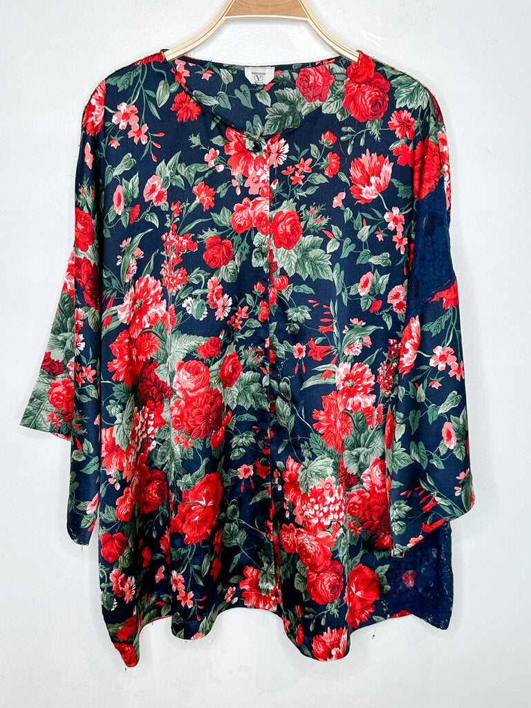 Vintage Floral Silk Half Sleeve Button Up Shirt with Lace Panel