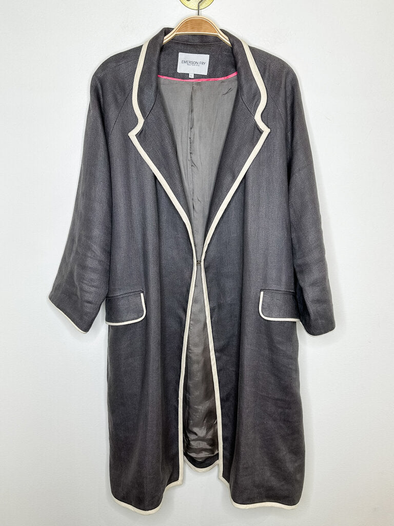 Linen Long Jacket with Contrast Trim