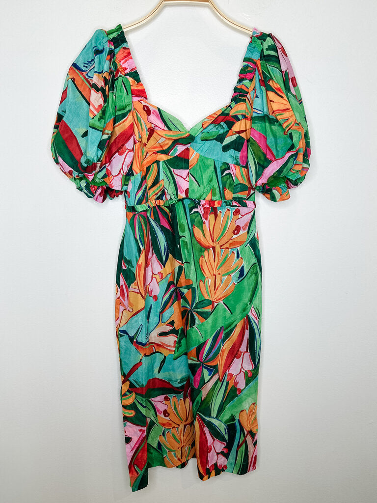 Banana Foliage Puff Sleeve Midi Dress (NWT, orig. $245)