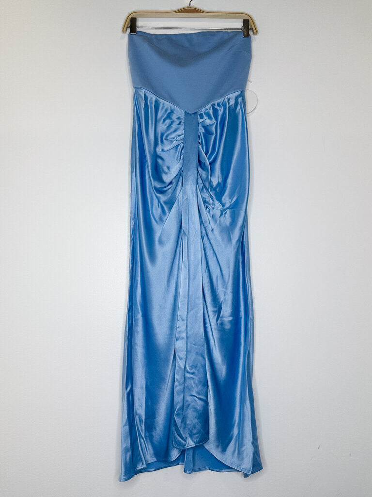 Strapless Satiny Midi Dress with Back Cutout