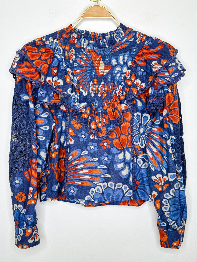 Parrot + Floral Print Ruffled Long Sleeve Shirt
