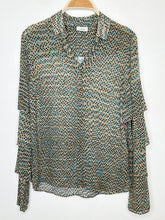Load image into Gallery viewer, Tiny Box Print Silk Long Ruffle Sleeve Button Up Shirt
