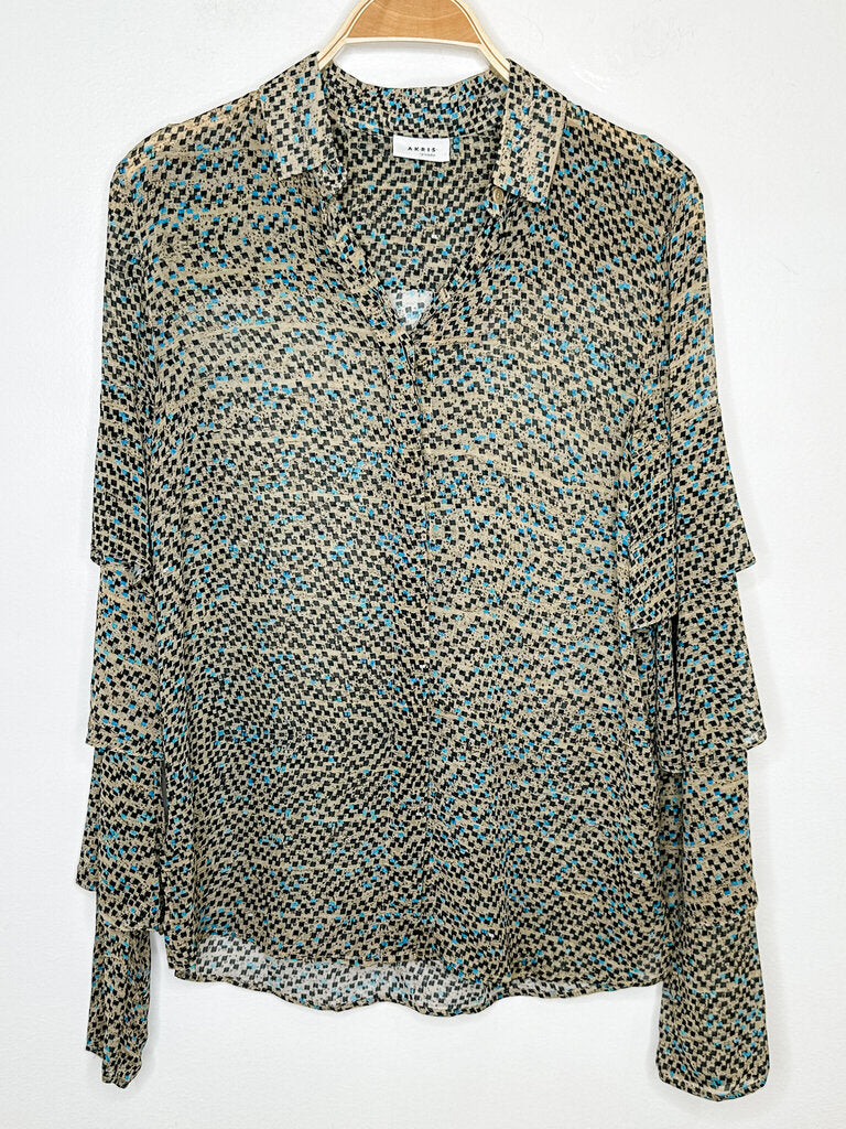 Tiny Box Print Silk Long Ruffle Sleeve Button Up Shirt
