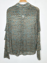 Load image into Gallery viewer, Tiny Box Print Silk Long Ruffle Sleeve Button Up Shirt
