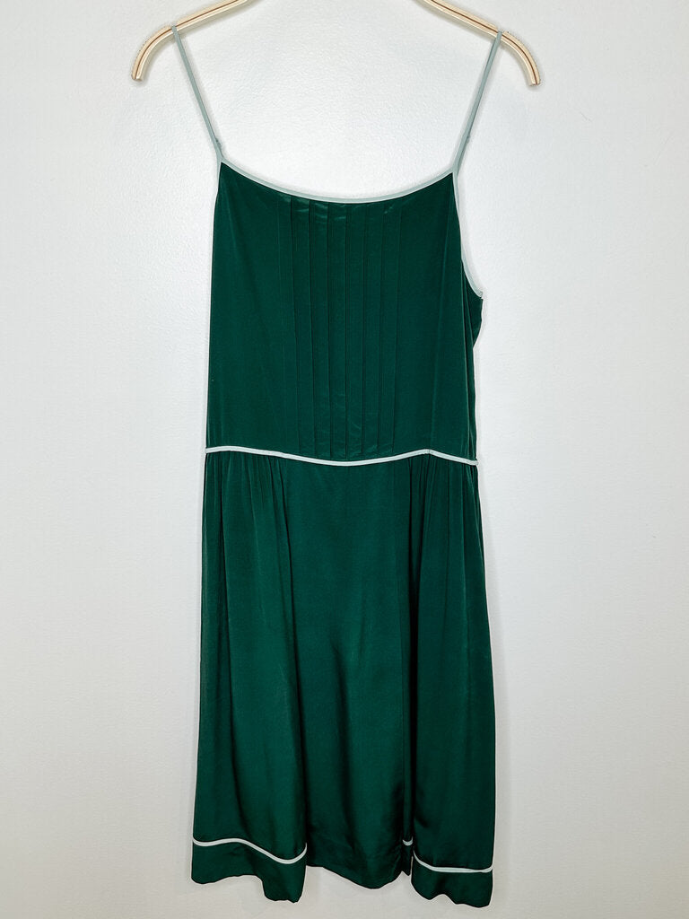 Strappy Silk Below-the-Knee Dress with Contrast Piping Trim