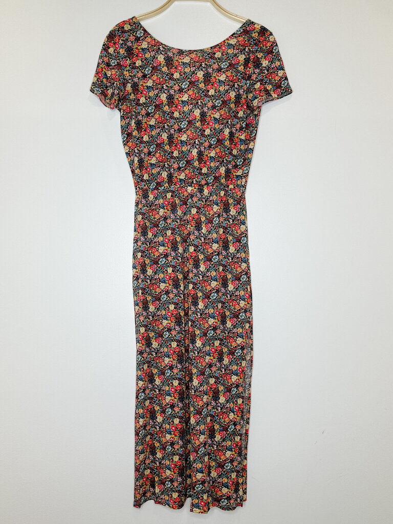 Floral Pima Cotton Short Sleeve Midi Dress with Low Back + Side Slits