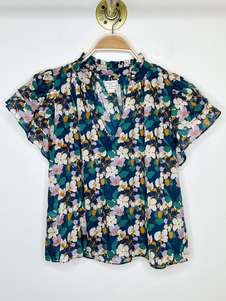 Cotton Floral V-Neck Top with Ruffled Sleeves