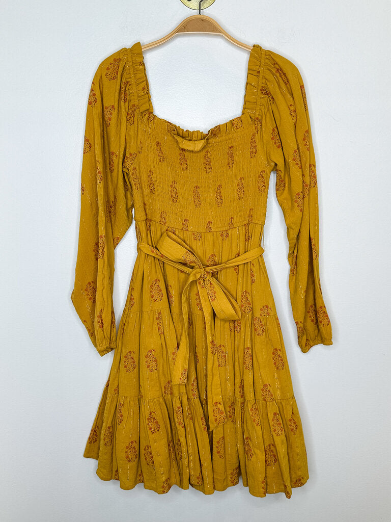Floral + Metallic Long Sleeve Mini Dress with Smocked Top (NWT, orig. $119)