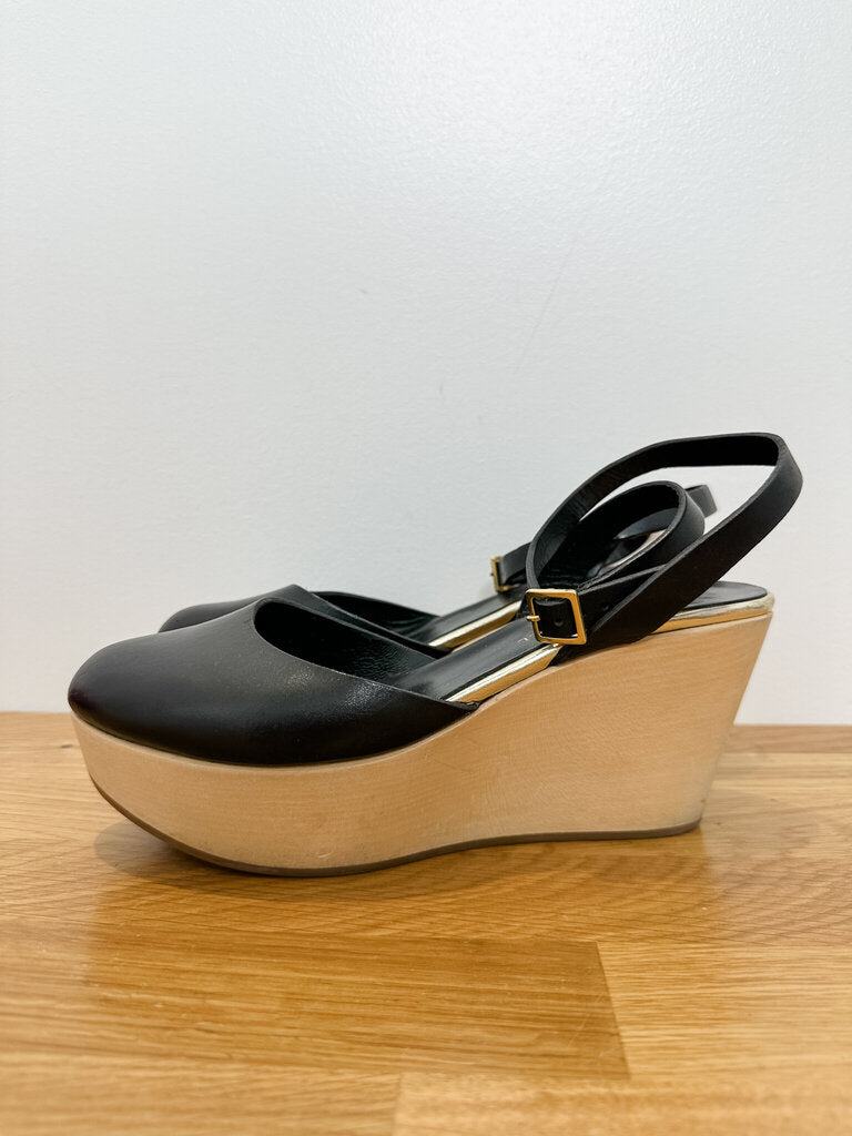 Leather Wedge Clogs with Ankle Strap