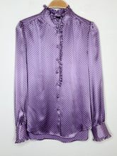 Load image into Gallery viewer, Polka Dot Silk Long Sleeve High Collar Button Up Blouse with Ruffle Trim (Runway Spring 2020)
