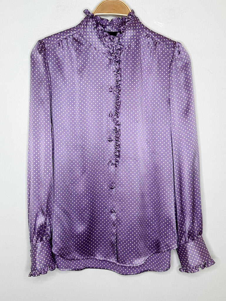 Polka Dot Silk Long Sleeve High Collar Button Up Blouse with Ruffle Trim (Runway Spring 2020)