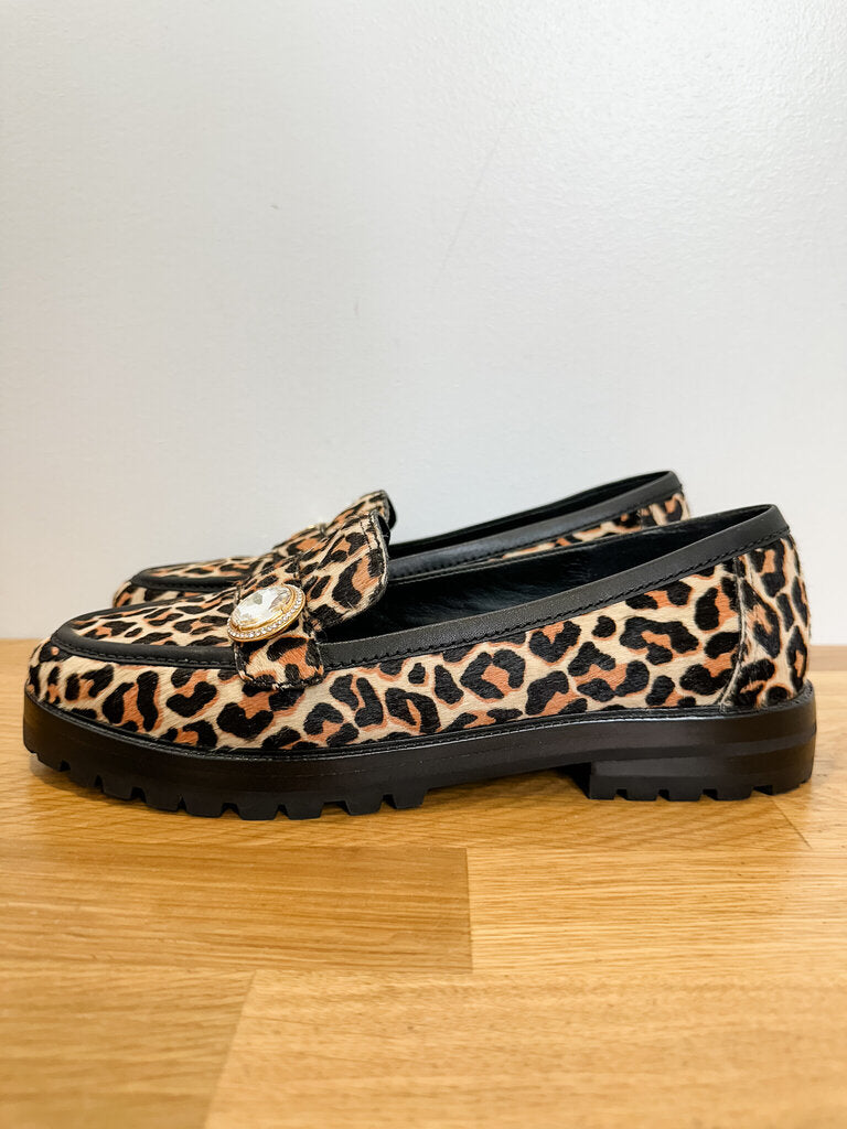 Leopard Print Calf Hair Loafers with Rhinestone Embellishment (NEW)