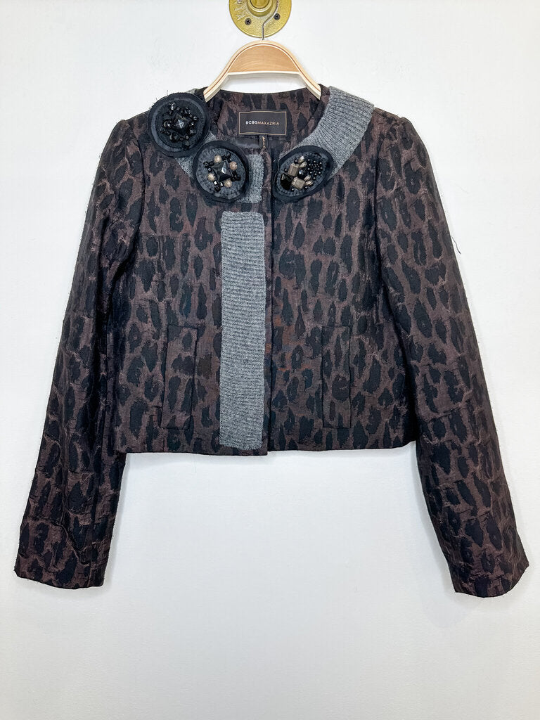 Animal Print Collarless Jacket with Silk + Wool + Gem Accents