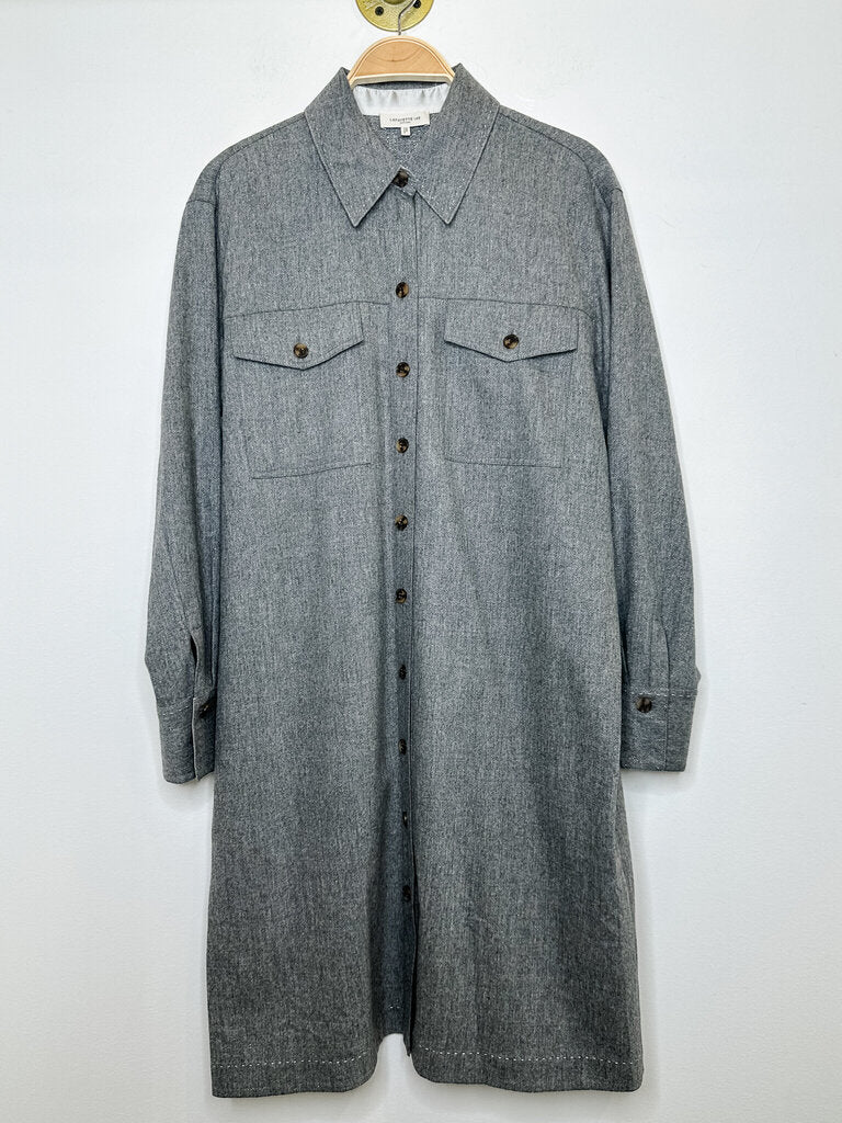 Wool-Cashmere Long Sleeve Button Up Shirt Dress with Metallic Threads