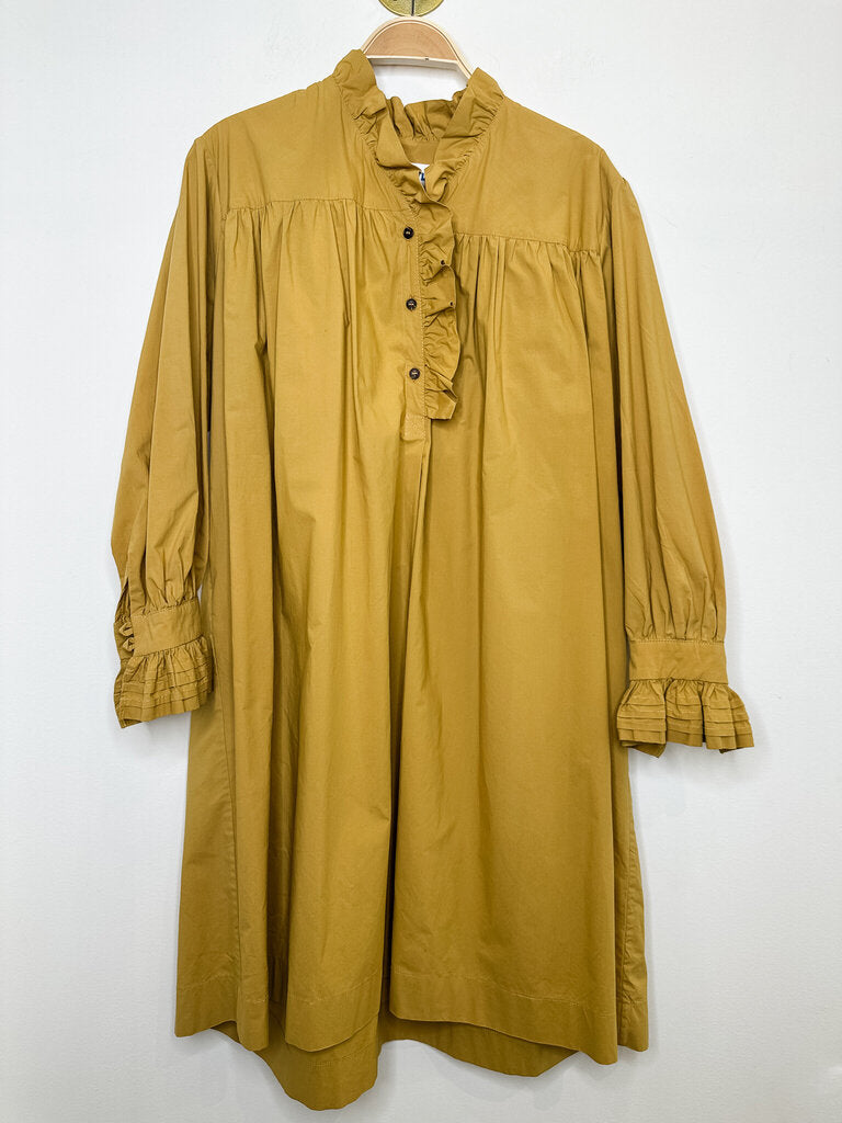 Half Button Long Sleeve Shirt Dress with Ruffled Trim