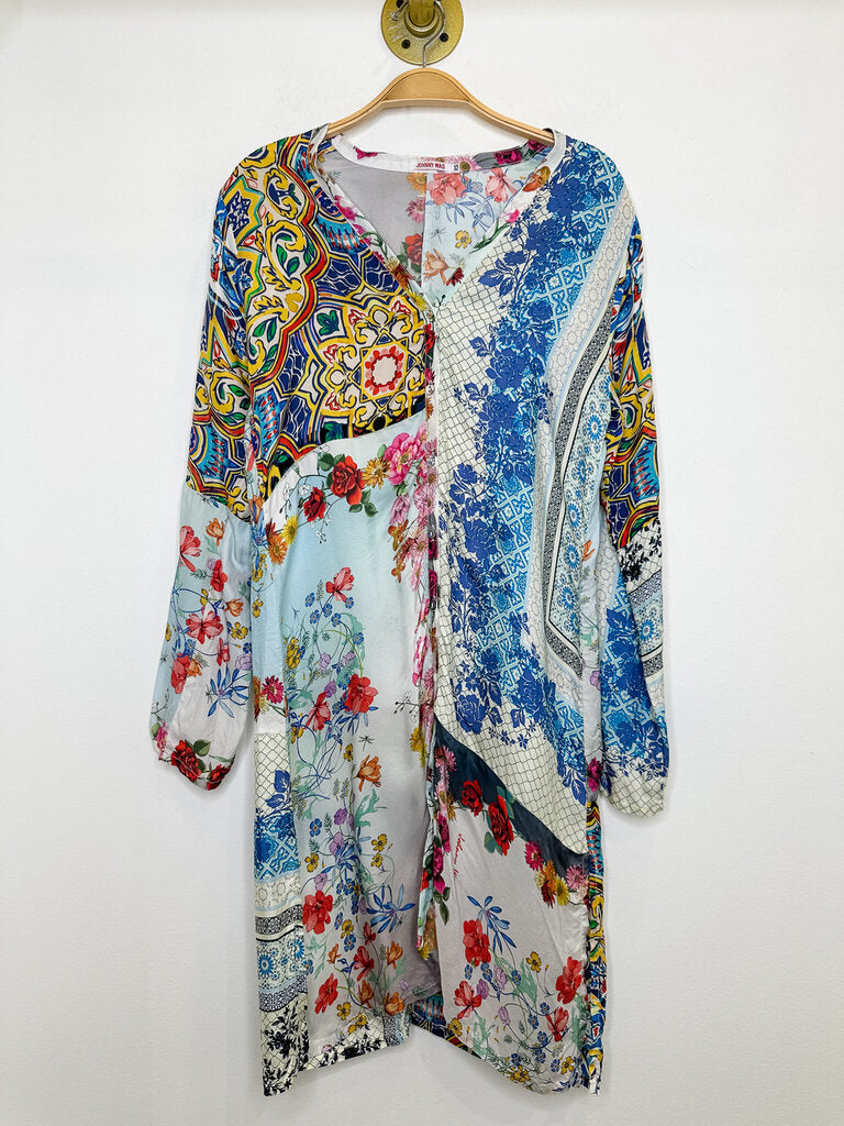 Multi-Floral Silk Long Sleeve Button Up V-Neck Shirt Dress