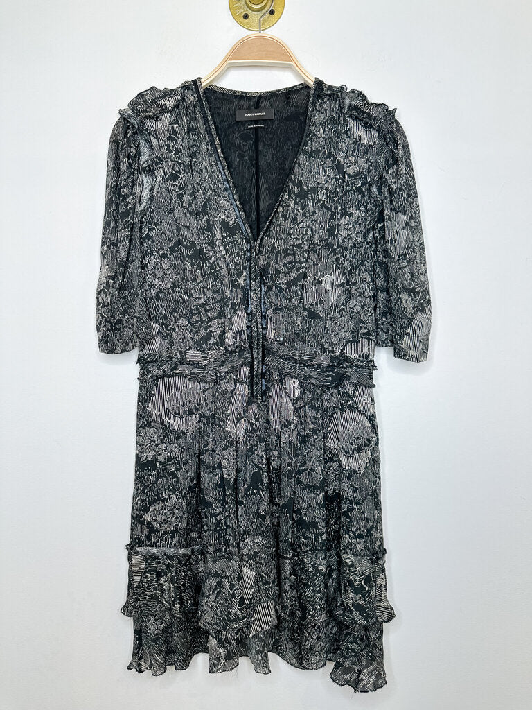 Silk Short Sleeve V-Neck Tiered Dress with Ruffle Trim