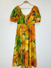 Load image into Gallery viewer, Oversized Flower Print Puff Sleeve Maxi Dress with Rounded Bodice Cutouts (NWT, orig. $248)
