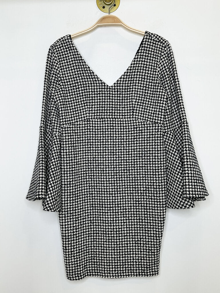 Houndstooth V-Neck Bell Sleeve Mini Dress
