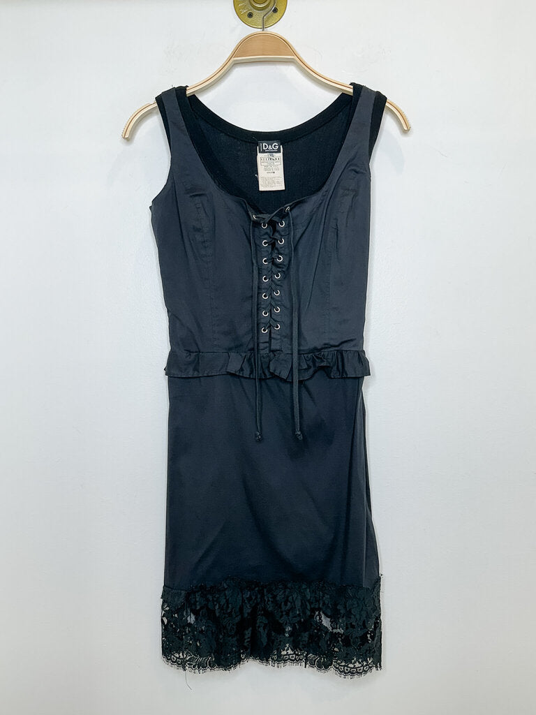 Sleeveless Mini Dress with Lace Trim + Corset Tie Front