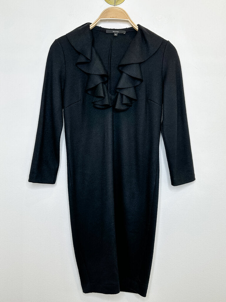 3/4 Sleeve Fitted Dress with Ruffled V-Neck