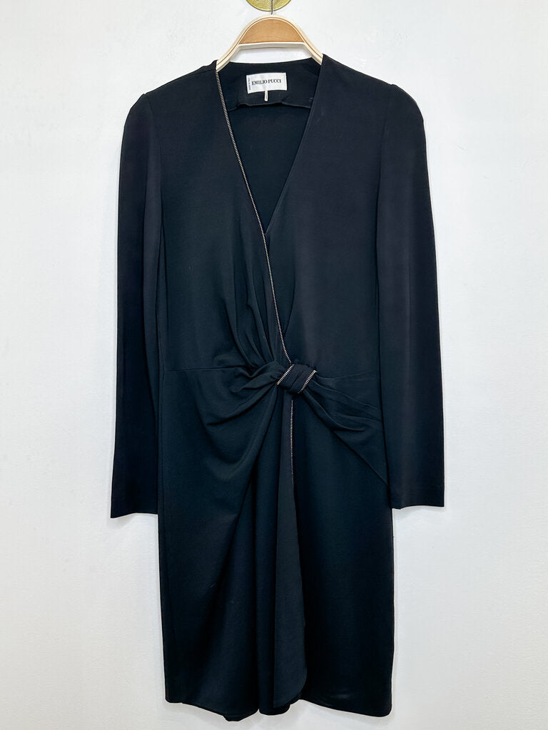 Long Sleeve Dress with Knotted Front + Zipper Accent