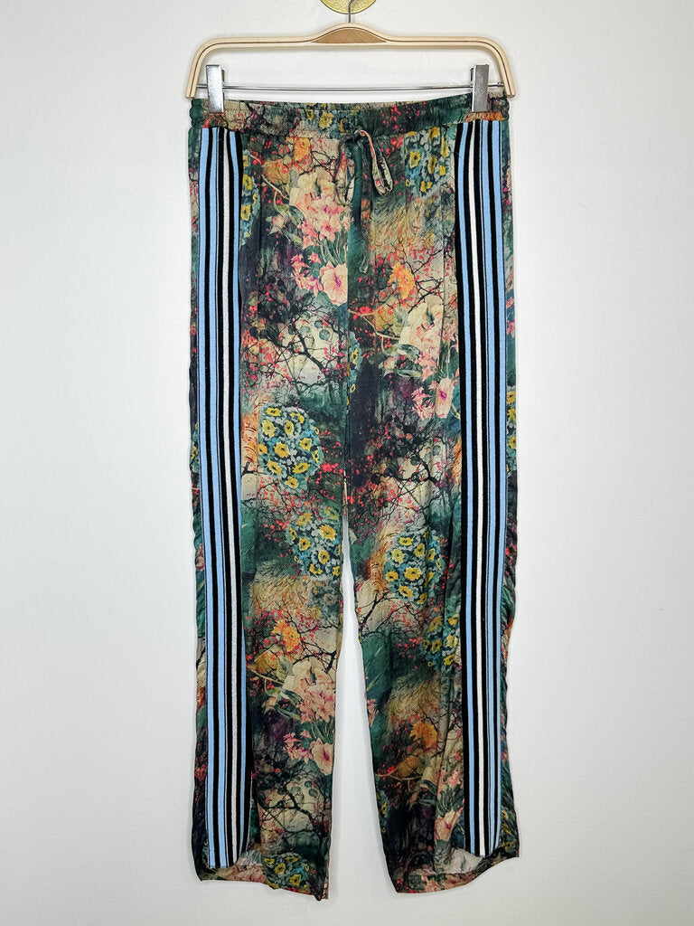 Floral Silk Wide Leg Drawstring Pants with Tuxedo Striping